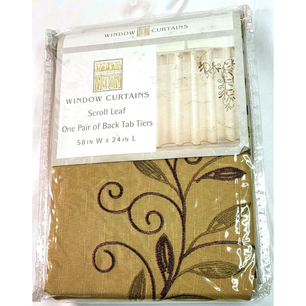 New Window Curtain Green Scroll Leaf One Pair Back Tab Tiers Polyester 58" x24"